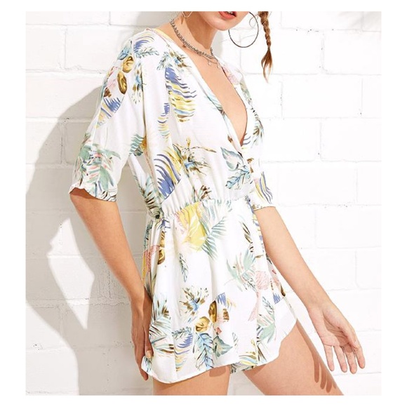 White Tropical Print 3/4 Sleeve Wrap Romper - Picture 5 of 5